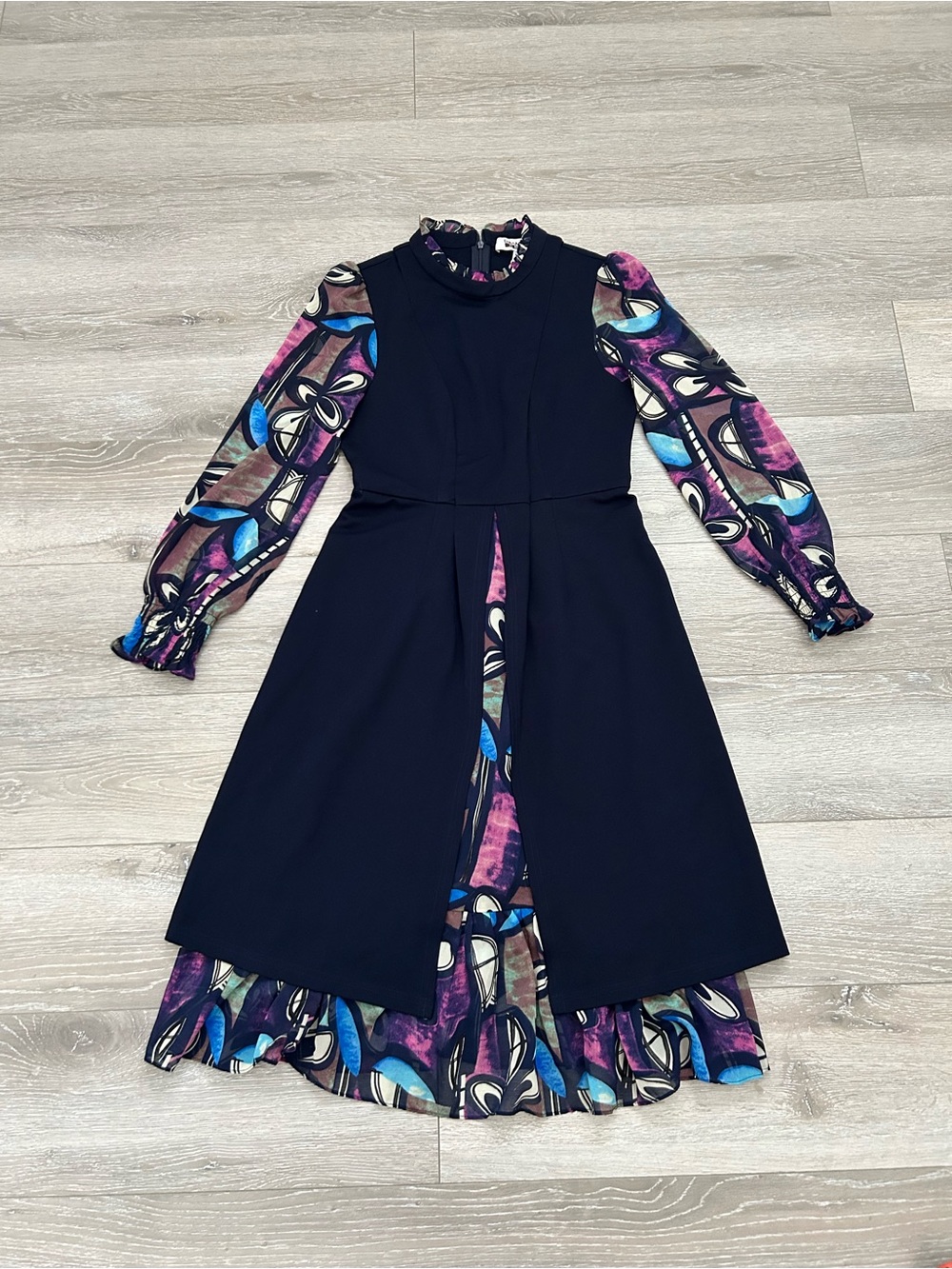 NWT Navy Layered Dress with Purple Floral Print Long Sleeves